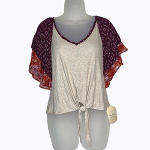 ALTAR'D‎ STATE Boho Top Flutter Sleeves Front Tie Floral Purple Rayon Sz XS